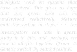 Biologists work on systems that have evolved. This gives us hope that any given case can be understood reductively. Nature built the system in steps,・・・ the investigators can take it apart, study it in bits, and, perhaps, see how it all fits together (From ‘A Genetic Switch’ by Mark Ptashne).
